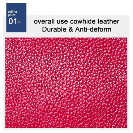 Litchi Texture Cowhide Small Wallet For Women Daily Use showing close-up red litchi-textured cowhide surface durable anti-deform leather
