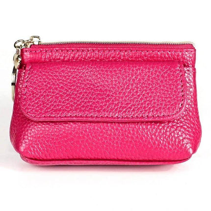 Litchi Texture Cowhide Small Wallet For Women Daily Use - hot pink dumpling-style compact leather wallet with zipper and buckle pocket