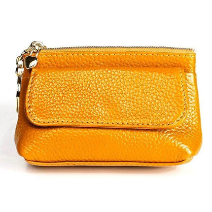 Litchi Texture Cowhide Small Wallet For Women Daily Use - compact yellow dumpling-style zip and buckle wallet for cards cash phone and coins