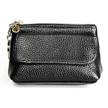 Litchi Texture Cowhide Small Wallet For Women Daily Use - compact black litchi-textured cowhide dumpling-style wallet with zipper, buckle and card pocket
