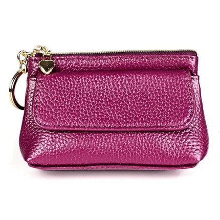 Litchi Texture Cowhide Small Wallet For Women Daily Use - magenta litchi-textured cowhide dumpling-style small wallet with zipper, buckle, keyring and coin pocket