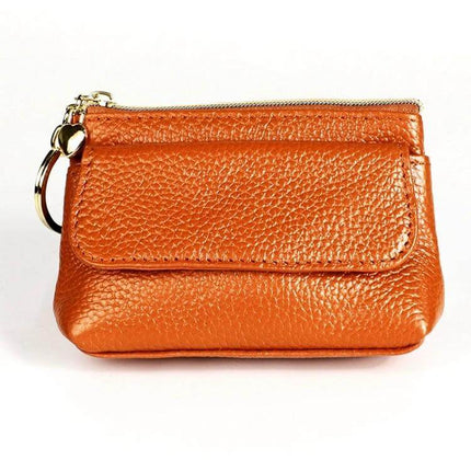 Litchi Texture Cowhide Small Wallet For Women Daily Use - compact orange dumpling-style leather wallet with zipper, buckle and keyring for cards, coins, phone