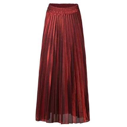 Pleated Skirt Long For Everyday Wear Women Wardrobe Staple - long red pleated maxi skirt with elastic waist, versatile office-to-weekend style