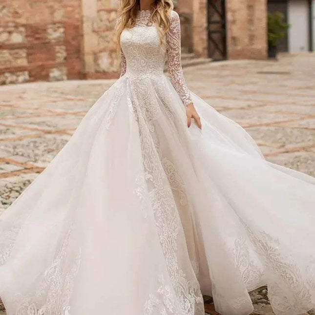 Long Sleeve Wedding Dress With High Waist For Brides in white lace with princess-cut long sleeves and flowing full skirt, ideal for church or formal weddings