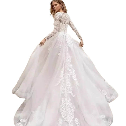 Long Sleeve Wedding Dress With High Waist For Brides in white lace long-sleeve princess-cut gown with flowing train