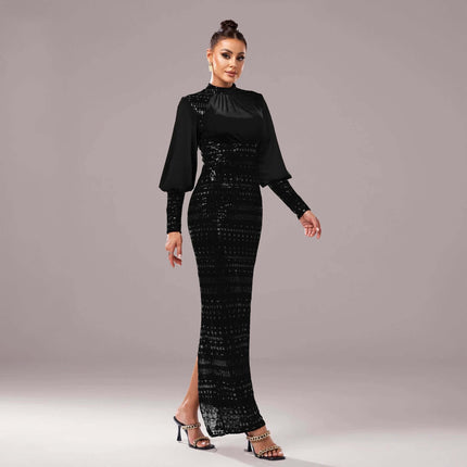 Long Sleeve Round Neck Sequined Slit Evening Dress Black in high-waist silhouette with long skirt and subtle sequined shine for formal events