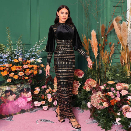 Long Sleeve Round Neck Sequined Slit Evening Dress Black - model in high-waist long skirt with subtle sequined shine at a formal event