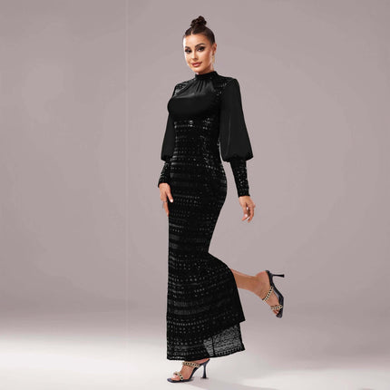 Long Sleeve Round Neck Sequined Slit Evening Dress Black in pure black with high-waist silhouette, long skirt and subtle sequined shine for gala events