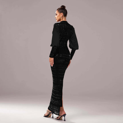 Long Sleeve Round Neck Sequined Slit Evening Dress Black, back view of model in high-waist long skirt with subtle sequined shine for formal events