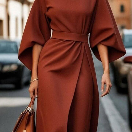 Loose Batwing Sleeve Belted Dress For Everyday Casual Wear in rust brown polyester, pullover silhouette with detachable waist belt and wide batwing sleeves