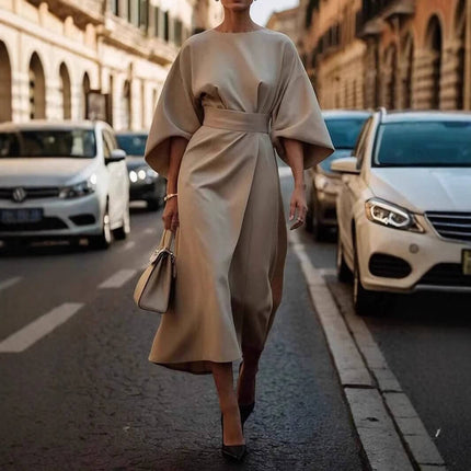 Loose Batwing Sleeve Belted Dress For Everyday Casual Wear modeled on city street, beige batwing sleeves, detachable waist belt, polished daytime look