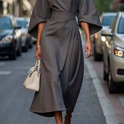 Loose Batwing Sleeve Belted Dress For Everyday Casual Wear in charcoal gray with detachable belt and wide sleeves on city street