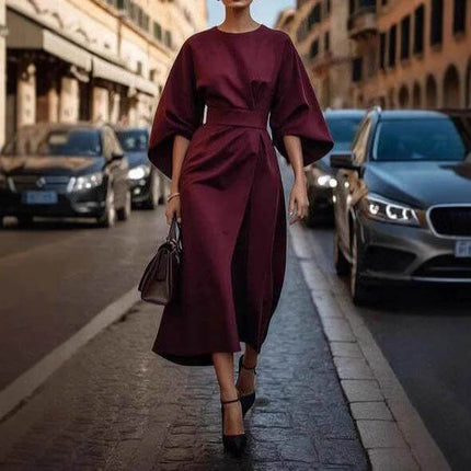 Loose Batwing Sleeve Belted Dress For Everyday Casual Wear - burgundy midi with detachable waist belt and wide batwing sleeves styled on city street