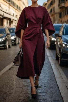 Loose Batwing Sleeve Belted Dress For Everyday Casual Wear - burgundy polyester pullover with detachable belt and wide batwing sleeves, street-style look