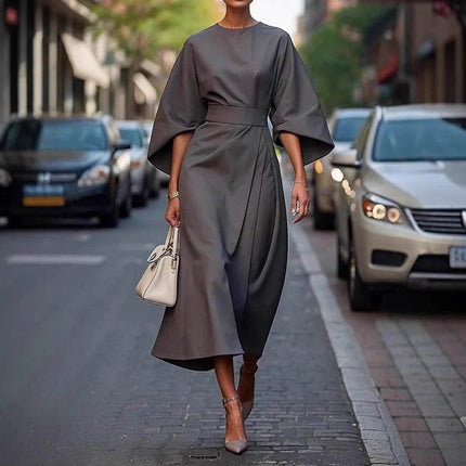 Loose Batwing Sleeve Belted Dress For Everyday Casual Wear - gray midi dress with detachable belt and wide batwing sleeves on city street