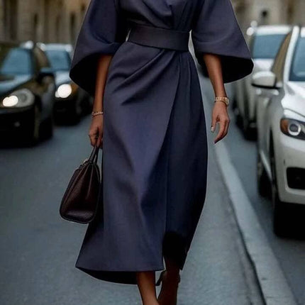 Loose Batwing Sleeve Belted Dress For Everyday Casual Wear in navy polyester with wide sleeves, detachable belt, street-style daytime look