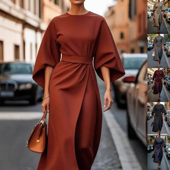 Loose Batwing Sleeve Belted Dress For Everyday Casual Wear - rust brown pullover silhouette with detachable belt and wide batwing sleeves on city street