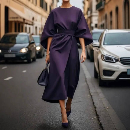 Loose Batwing Sleeve Belted Dress For Everyday Casual Wear in purple with detachable waist belt, wide batwing sleeves styled for street and office-casual