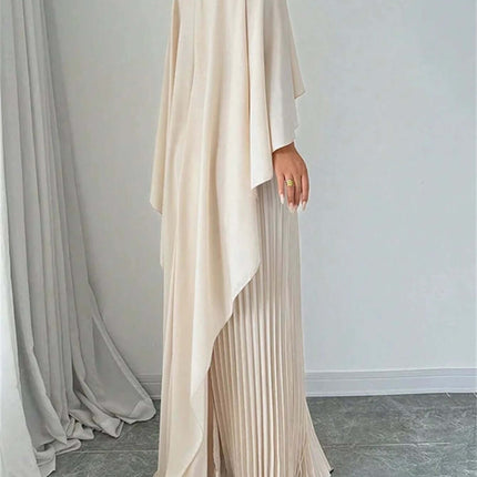 Loose Batwing Sleeve Dress For Everyday Commute S-XXL in milky white, loose A-line silhouette with batwing sleeves and pleated skirt, office-to-evening wear