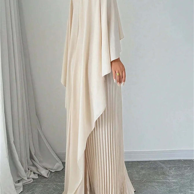 Loose Batwing Sleeve Dress For Everyday Commute S-XXL in milky white, loose A-line silhouette with batwing sleeves and pleated skirt, office-to-evening wear