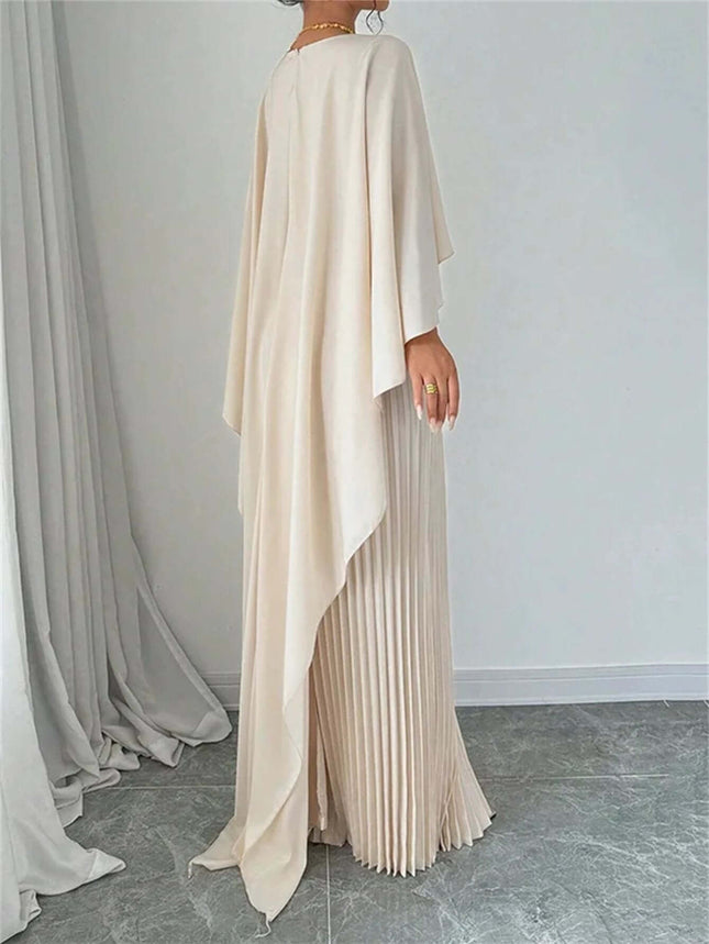 Loose Batwing Sleeve Dress For Everyday Commute S-XXL in milky white, loose A-line silhouette with batwing sleeves and pleated skirt, office-to-evening wear