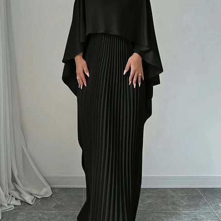 Loose Batwing Sleeve Dress For Everyday Commute S-XXL in black pleated skirt with cape-style batwing sleeves, knee-length, office-to-evening styling