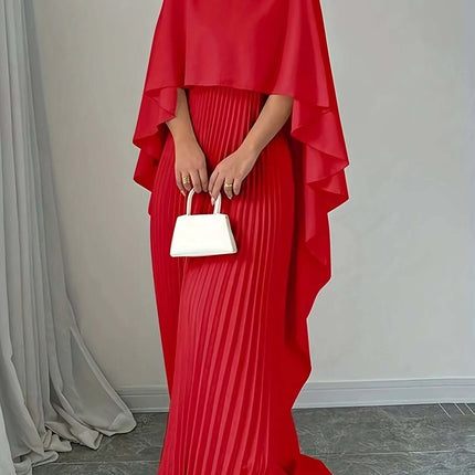 Loose Batwing Sleeve Dress For Everyday Commute S-XXL in red pleated skirt with cape sleeves, styled with white mini bag for office-to-evening wear