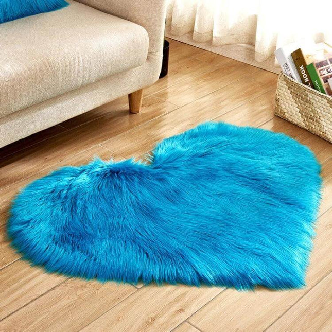 Love Heart Faux Fur Rug 30x40cm For Living Room Or Bedroom - teal blue heart-shaped plush faux fur accent rug on wooden floor