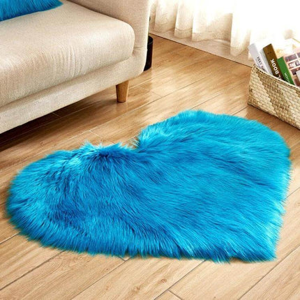 Love Heart Faux Fur Rug 30x40cm For Living Room Or Bedroom - turquoise heart-shaped plush faux fur rug on wooden floor near sofa