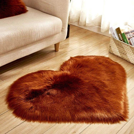 Love Heart Rugs 50x60cm Soft Faux Fur Floor Mat For Living Room cozy rust heart-shaped faux fur rug on wooden floor next to sofa