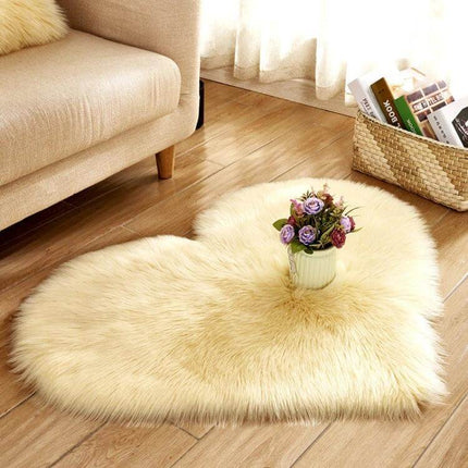 Love Heart Rugs 50x60cm Soft Faux Fur Floor Mat For Living Room - cream heart-shaped plush rug styled by sofa