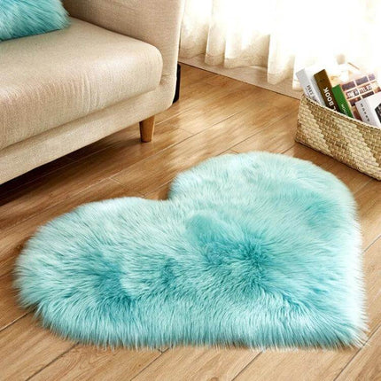 Love Heart Rugs 50x60cm Soft Faux Fur Floor Mat For Living Room - mint blue heart-shaped plush rug on wooden floor by sofa