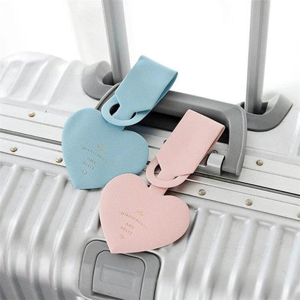 Love Shape Luggage Tag Plastic For Travel And Business Abroad - pastel blue and pink heart-shaped plastic tags on silver suitcase handle