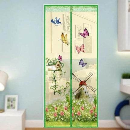 Magic Curtain Magnetic Bug Screen For Door 90x210cm - green framed floral and butterfly mesh door screen with windmill print