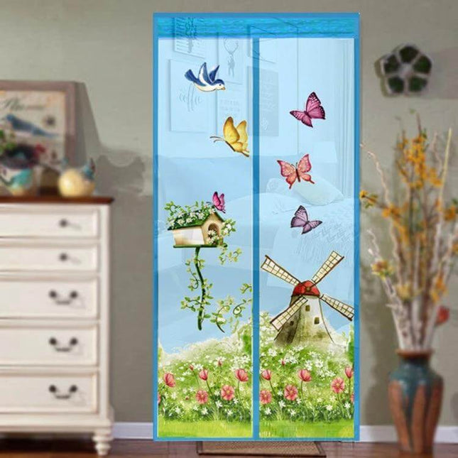 Magic Curtain Magnetic Bug Screen For Door 90x210cm with blue floral windmill print, polyester mesh door screen for kitchens and patios