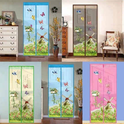 Magic Curtain Magnetic Bug Screen For Door 90x210cm with colorful butterfly and windmill printed mesh for airflow and insect protection