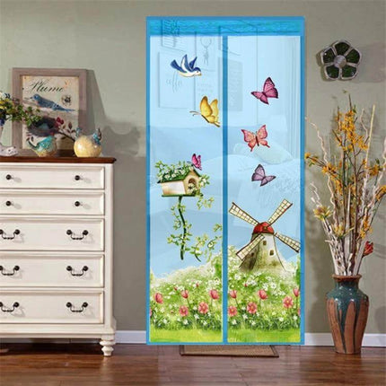 Magic Curtain Magnetic Bug Screen For Door 90x210cm - blue printed polyester mesh with butterflies, windmill and floral design covering doorway