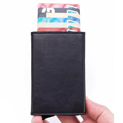 Magnetic RFID Card Wallet With Aluminum Card Holder slim black PU leather wallet with cards fanned out, compact pocket card holder