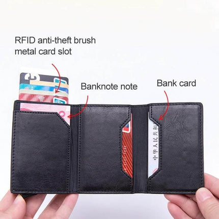 Magnetic RFID Card Wallet With Aluminum Card Holder slim black PU leather wallet open showing RFID card slot, banknote pocket and card slots