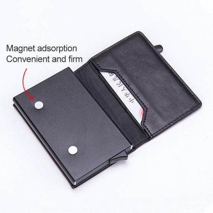 Magnetic RFID Card Wallet With Aluminum Card Holder slim black PU leather wallet open showing magnet closure and card slot
