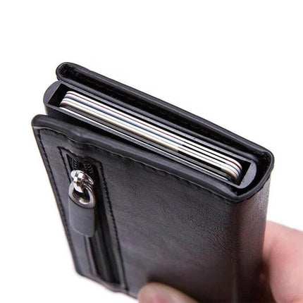 Magnetic RFID Card Wallet With Aluminum Card Holder in black PU leather showing slim aluminum card compartment and zip coin pocket