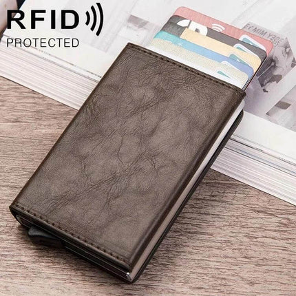 Magnetic RFID Card Wallet With Aluminum Card Holder slim PU leather card holder showing multiple cards and RFID protected label
