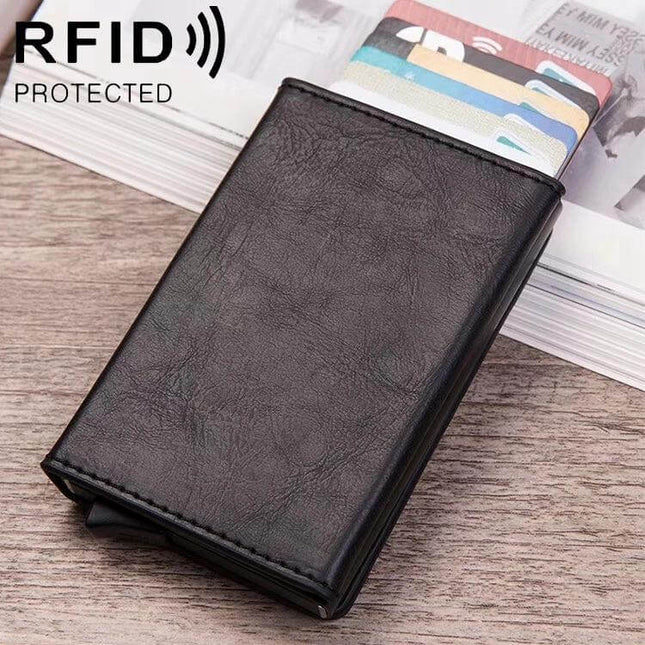 Magnetic RFID Card Wallet With Aluminum Card Holder slim black PU leather card wallet holding multiple cards and coins, RFID protected