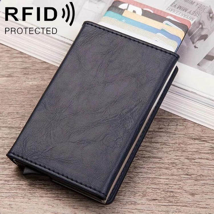 Magnetic RFID Card Wallet With Aluminum Card Holder in black PU leather with RFID protection and compact aluminum core holding multiple cards