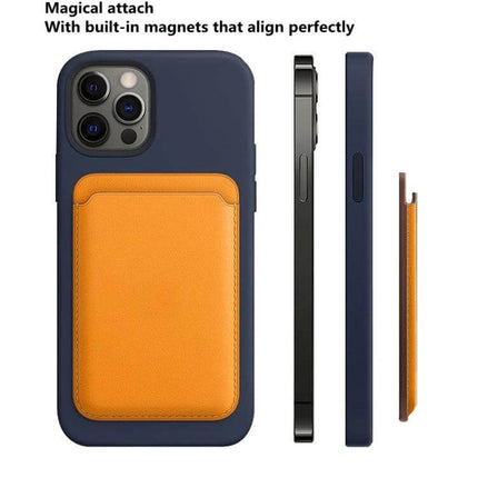 MagSafe Leather Wallet Card Case Holster For iPhone slim navy case with orange magnetic card pocket showing side profiles