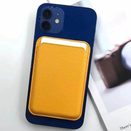 MagSafe Leather Wallet Card Case Holster For iPhone in yellow PU attached to navy iPhone showing slim card pocket, magnetic and wireless charging compatible