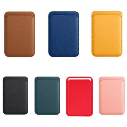 MagSafe Leather Wallet Card Case Holster For iPhone shown in seven colors (brown, blue, yellow, black, green, red, pink) slim magnetic card wallet