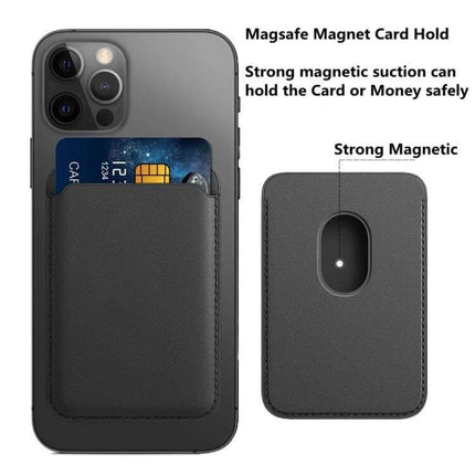 MagSafe Leather Wallet Card Case Holster For iPhone slim PU magnetic card holder showing card inserted and strong magnetic backing