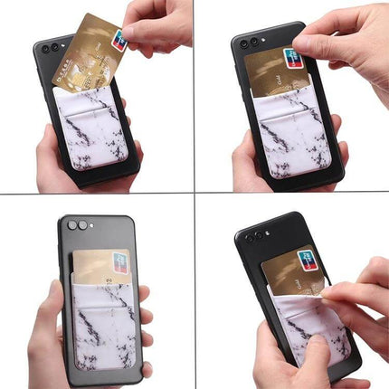 Marble Pattern Phone Back Card Holder Clip Sticky Adhesive slim marble card pocket on phone showing cards in white marble design
