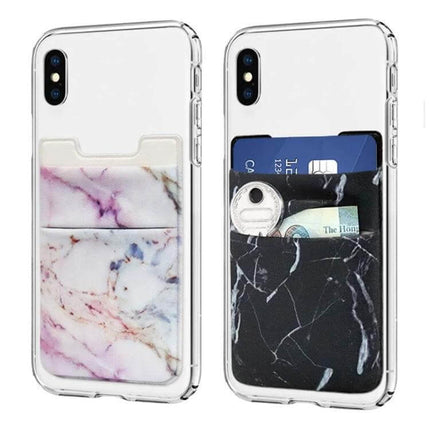 Marble Pattern Phone Back Card Holder Clip Sticky Adhesive slim marble card pocket for phone in white and black, holds cards cash and keys